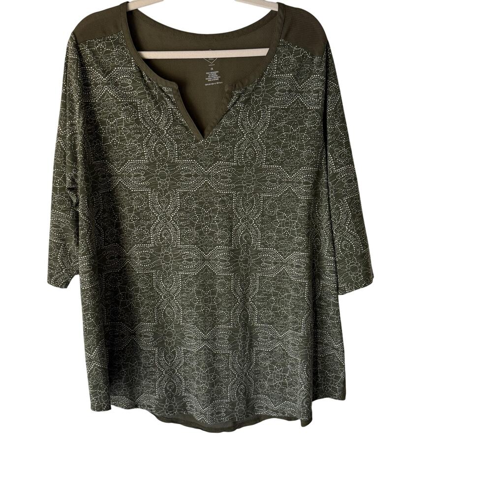 St Johns Bay‎ Shirt Peasant 1X Olive Green Pattern 3/4 Sleeve Relaxed Top